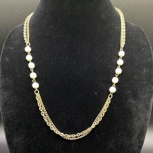 White Plastic Bead and Double Strand Gold Tone Chain Necklace